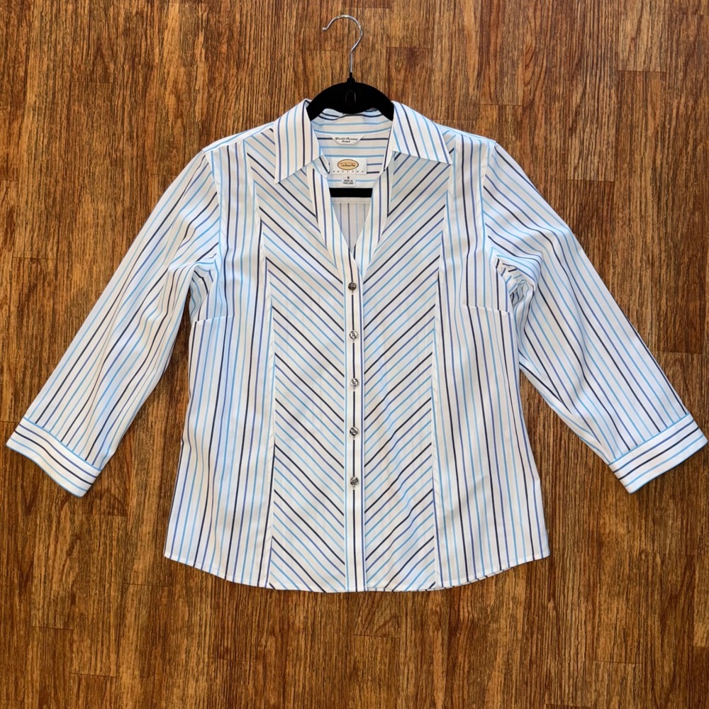Talbots Blouse Button Front Blue White Striped Shirt Top Size 8 Preppy Workwear